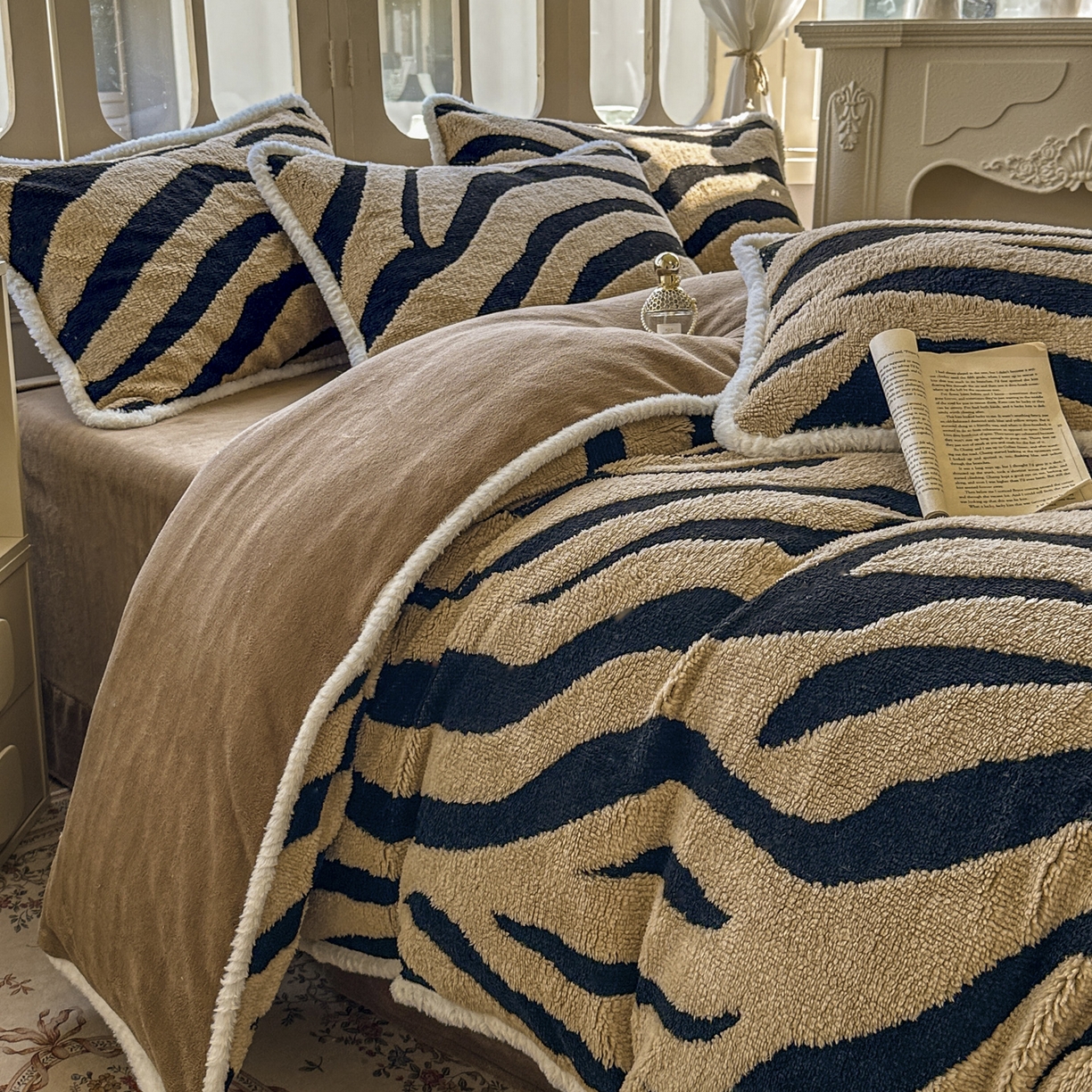 91家纺网 家纺一手货源 找家纺 新印象 2025新款阳离子绒牛奶绒保暖四件套 包边款阳离子绒-斑马纹