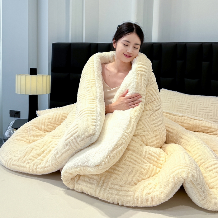 91家纺网 家纺一手货源 找家纺 蓝冰家纺 2025新款塔芙绒提花冬被被子被芯 米白色