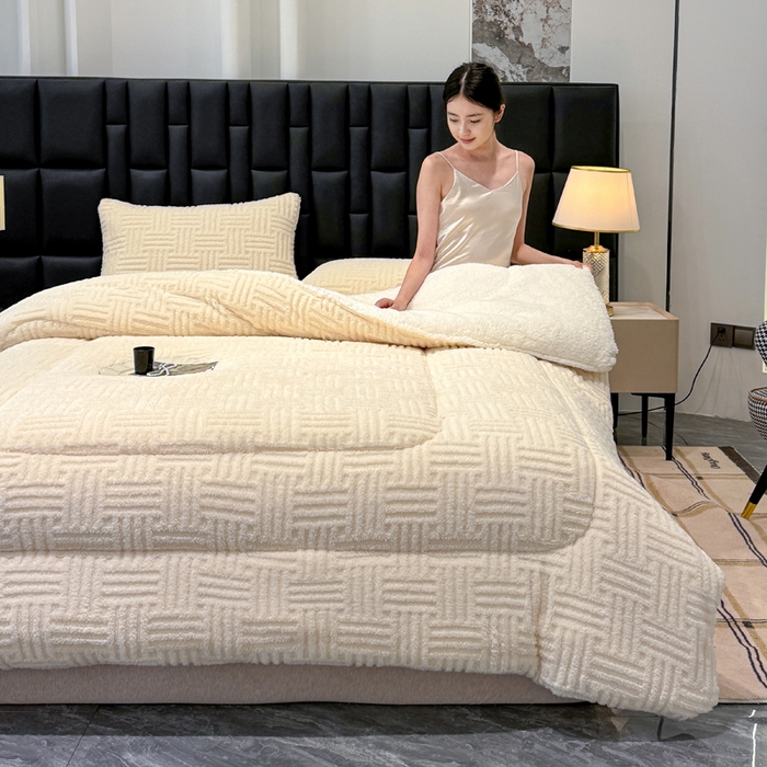 91家纺网 家纺一手货源 找家纺 蓝冰家纺 2025新款塔芙绒提花冬被被子被芯 米白色