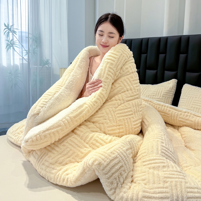 91家纺网 家纺一手货源 找家纺 蓝冰家纺 2025新款塔芙绒提花冬被被子被芯 米白色