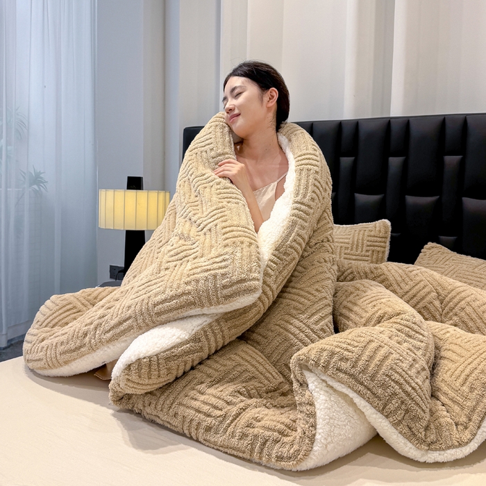 91家纺网 家纺一手货源 找家纺 蓝冰家纺 2025新款塔芙绒提花冬被被子被芯 卡其色