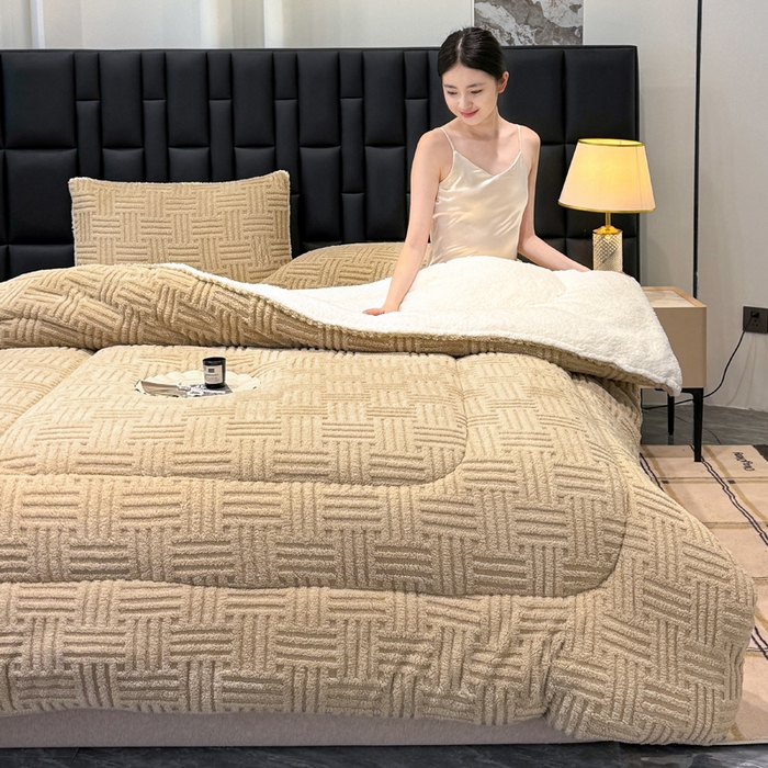 91家纺网 家纺一手货源 找家纺 蓝冰家纺 2025新款塔芙绒提花冬被被子被芯 卡其色