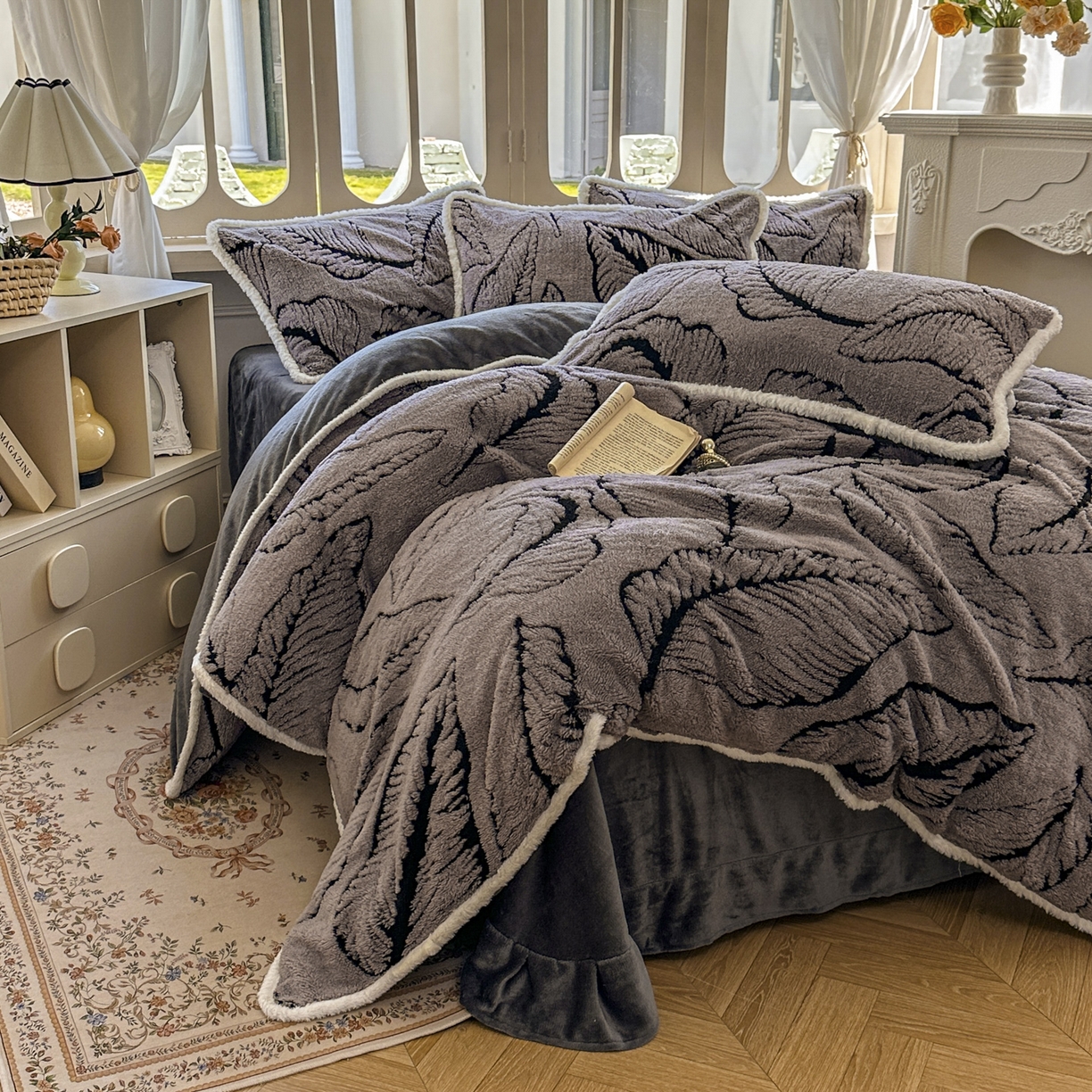 91家纺网 家纺一手货源 找家纺 新印象 2025新款阳离子绒牛奶绒保暖四件套 包边款阳离子绒-樊林深灰