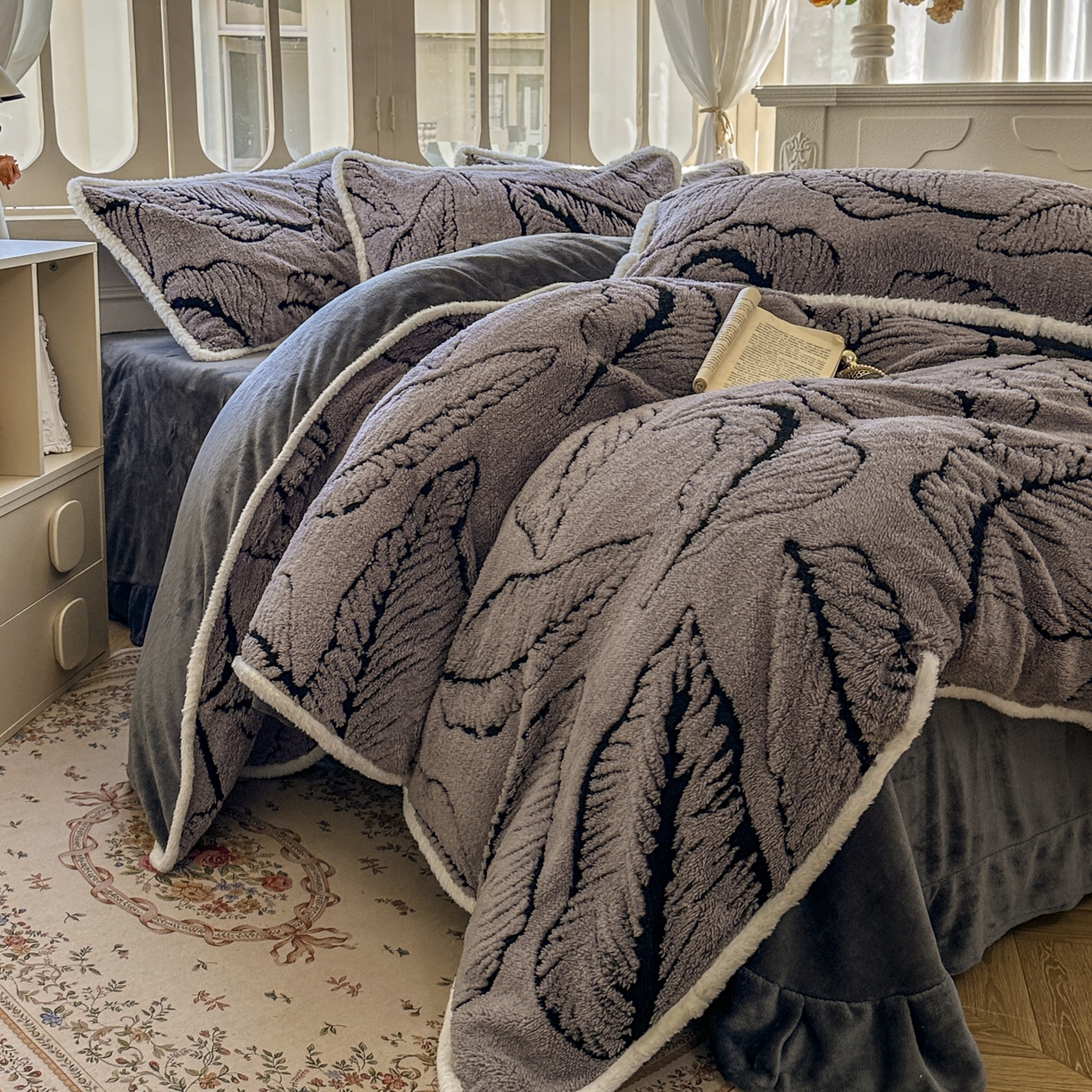 91家纺网 家纺一手货源 找家纺 新印象 2025新款阳离子绒牛奶绒保暖四件套 包边款阳离子绒-樊林深灰