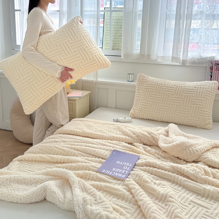 91家纺网 家纺一手货源 找家纺 蓝冰家纺 2025新款塔芙绒提花毛毯 米白色