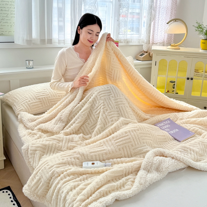 91家纺网 家纺一手货源 找家纺 蓝冰家纺 2025新款塔芙绒提花毛毯 米白色