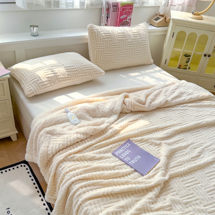 91家纺网 家纺一手货源 找家纺 蓝冰家纺 2025新款塔芙绒提花毛毯 米白色