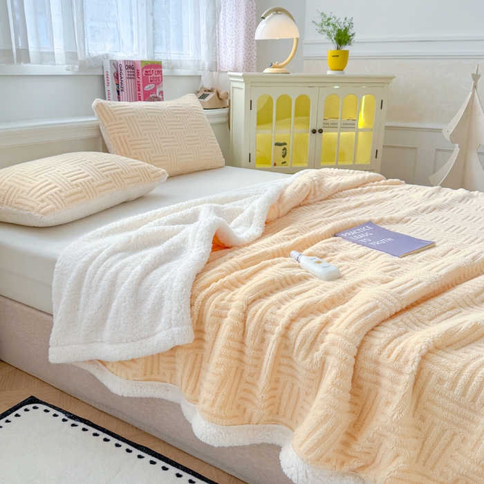 91家纺网 家纺一手货源 找家纺 蓝冰家纺 2025新款塔芙绒提花毛毯 米黄色