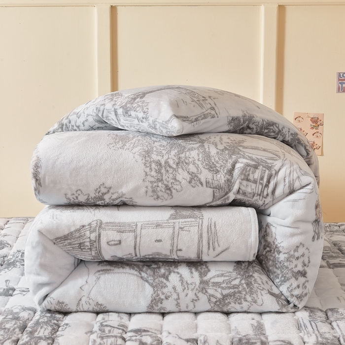 91家纺网 家纺一手货源 找家纺 雅萱家纺 2025新款牛奶绒学生床垫三件套 牛奶绒床垫三件套-水墨城堡灰