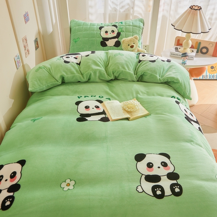 91家纺网 家纺一手货源 找家纺 雅萱家纺 2025新款牛奶绒学生床垫三件套 牛奶绒床垫三件套-竹叶熊猫