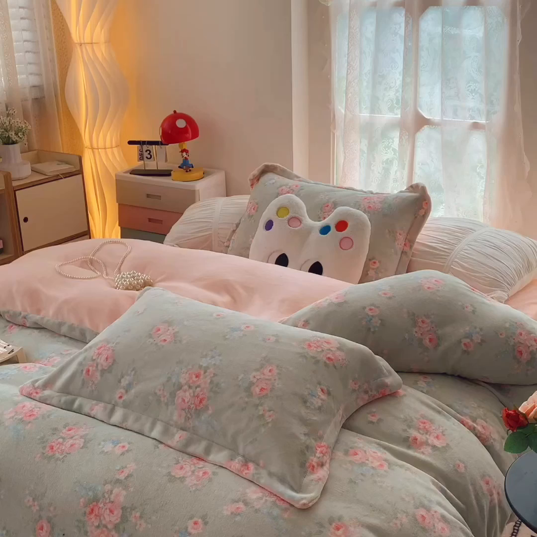 91家纺网 家纺一手货源 找家纺 奈萝家纺 2025新款加厚小清新印花牛奶绒三件套四件套 茉莉