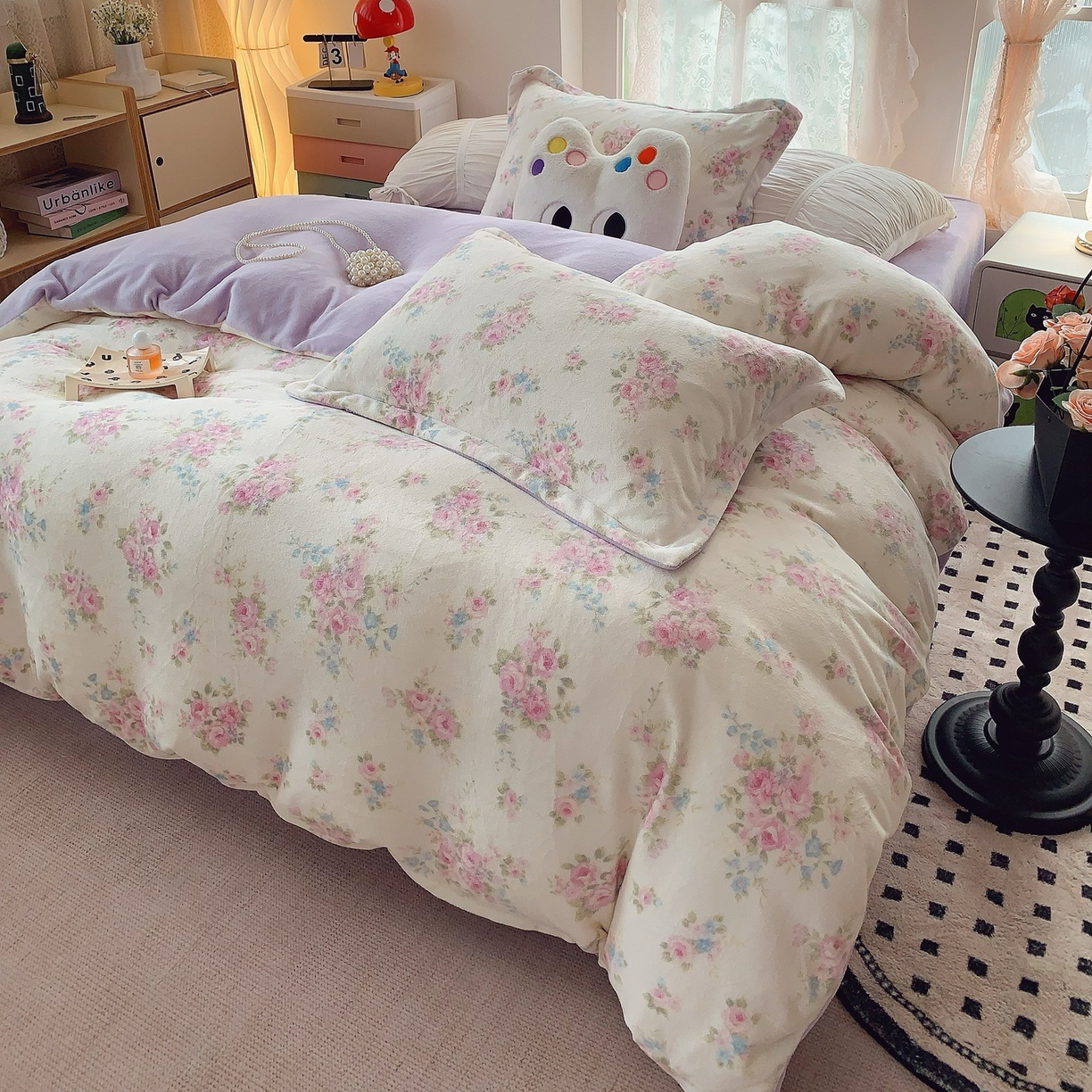 91家纺网 家纺一手货源 找家纺 奈萝家纺 2025新款加厚小清新印花牛奶绒三件套四件套 沐熙花