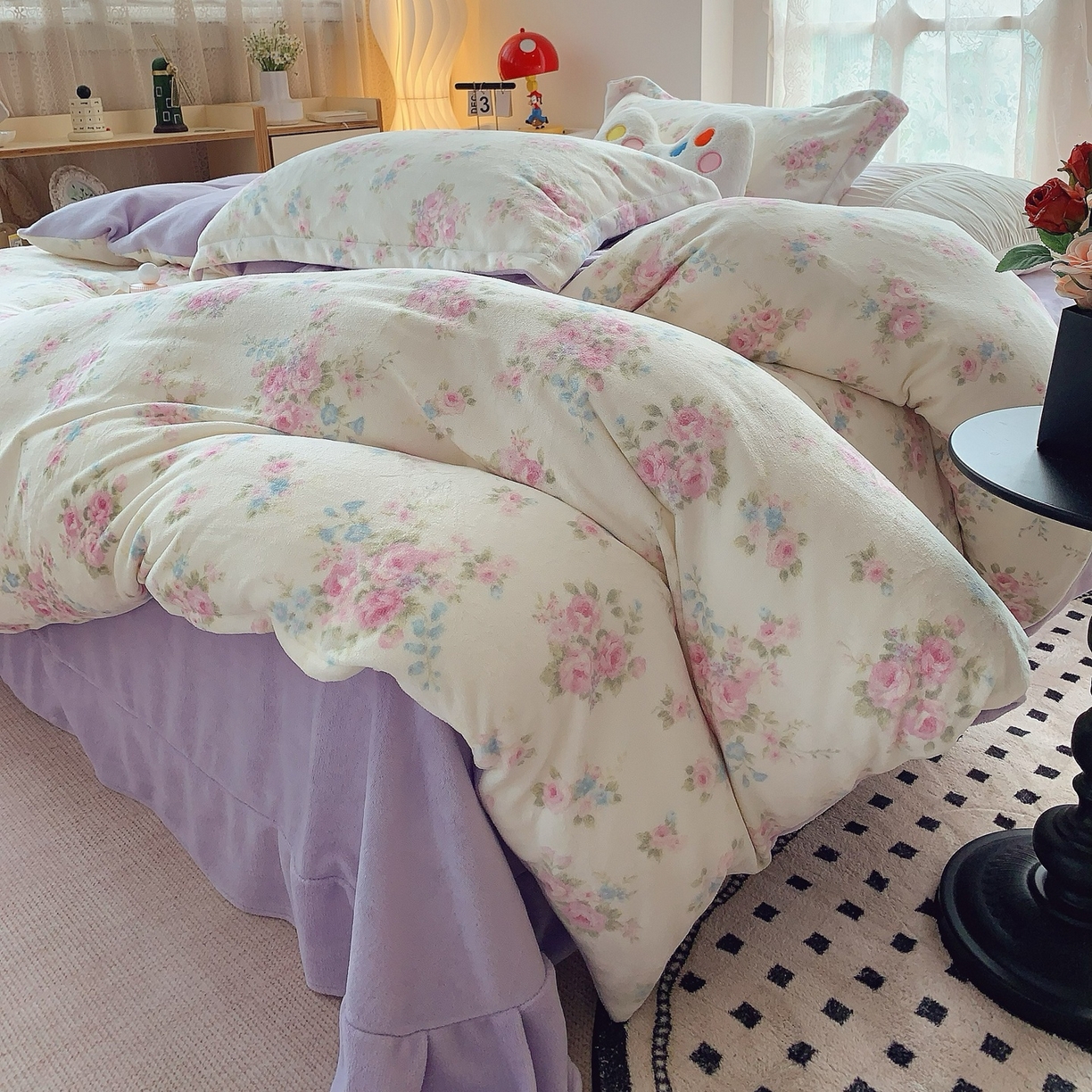 91家纺网 家纺一手货源 找家纺 奈萝家纺 2025新款加厚小清新印花牛奶绒三件套四件套 沐熙花