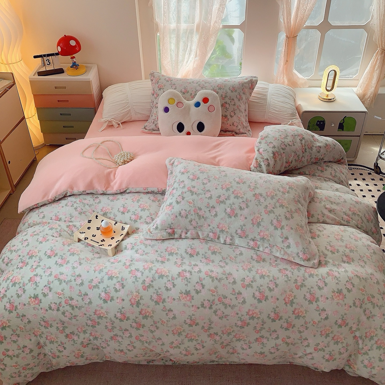 91家纺网 家纺一手货源 找家纺 奈萝家纺 2025新款加厚小清新印花牛奶绒三件套四件套 温馨花语绿