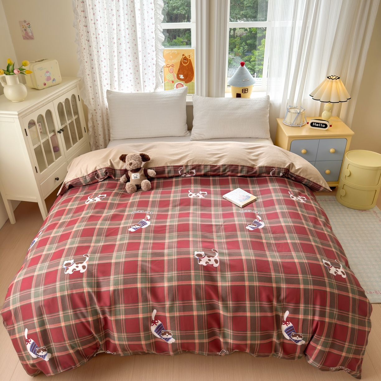 91家纺网 家纺一手货源 找家纺 清雅福 2026春夏新品全棉13070萌趣系列四件套 呆萌喵-圣诞格