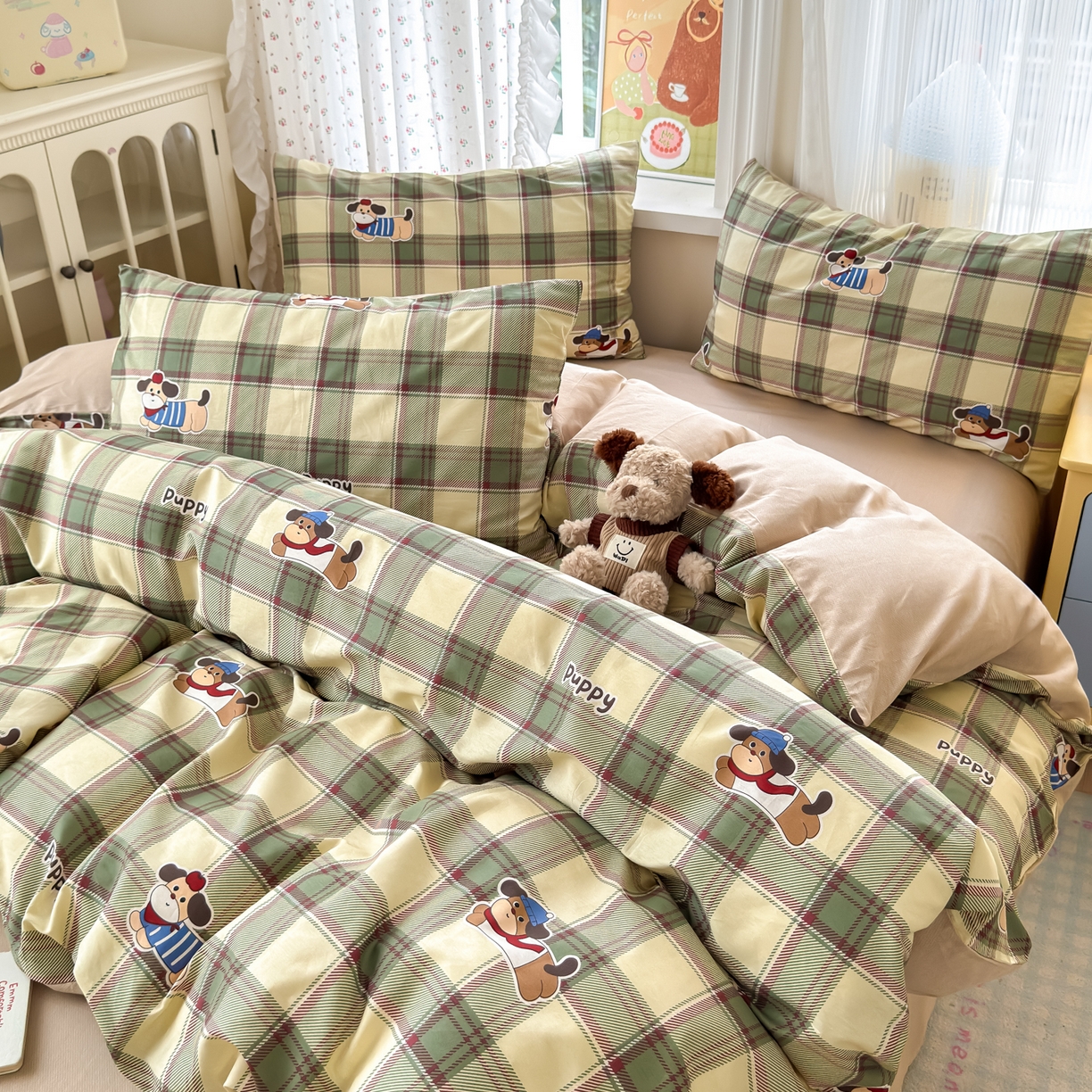 91家纺网 家纺一手货源 找家纺 清雅福 2026春夏新品全棉13070萌趣系列四件套 可爱汪-绿格