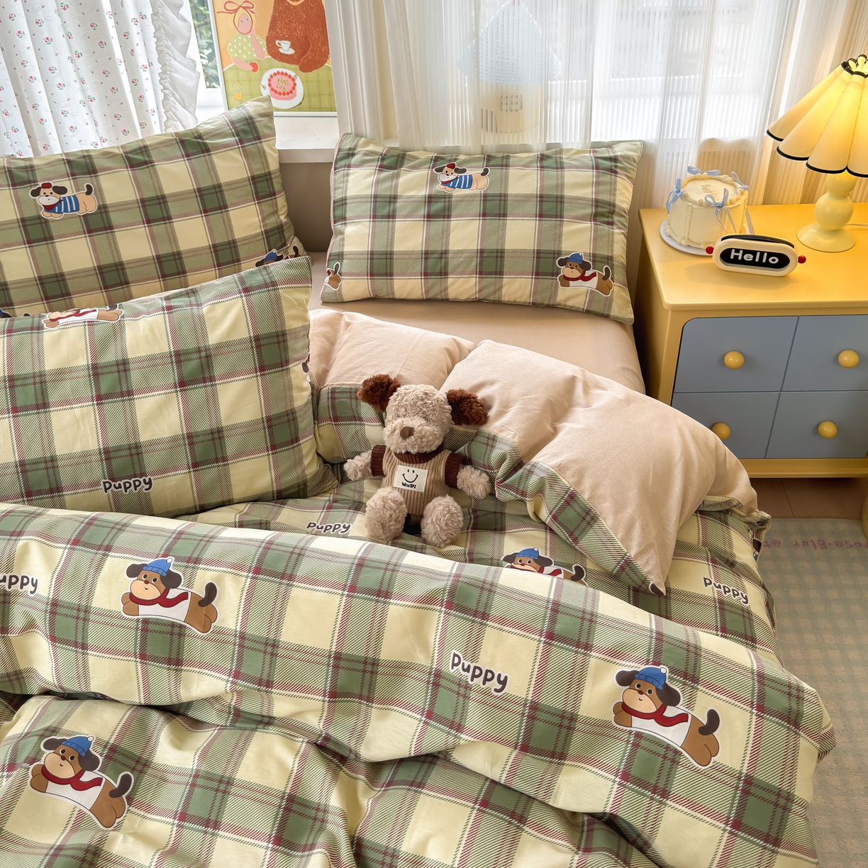 91家纺网 家纺一手货源 找家纺 清雅福 2026春夏新品全棉13070萌趣系列四件套 可爱汪-绿格