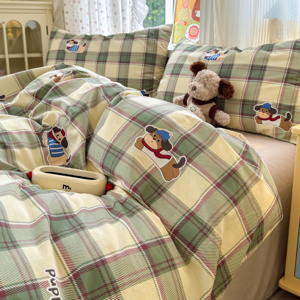 91家纺网 家纺一手货源 找家纺 清雅福 2026春夏新品全棉13070萌趣系列四件套 可爱汪-绿格