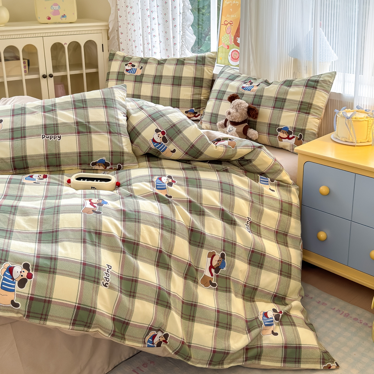 91家纺网 家纺一手货源 找家纺 清雅福 2026春夏新品全棉13070萌趣系列四件套 可爱汪-绿格