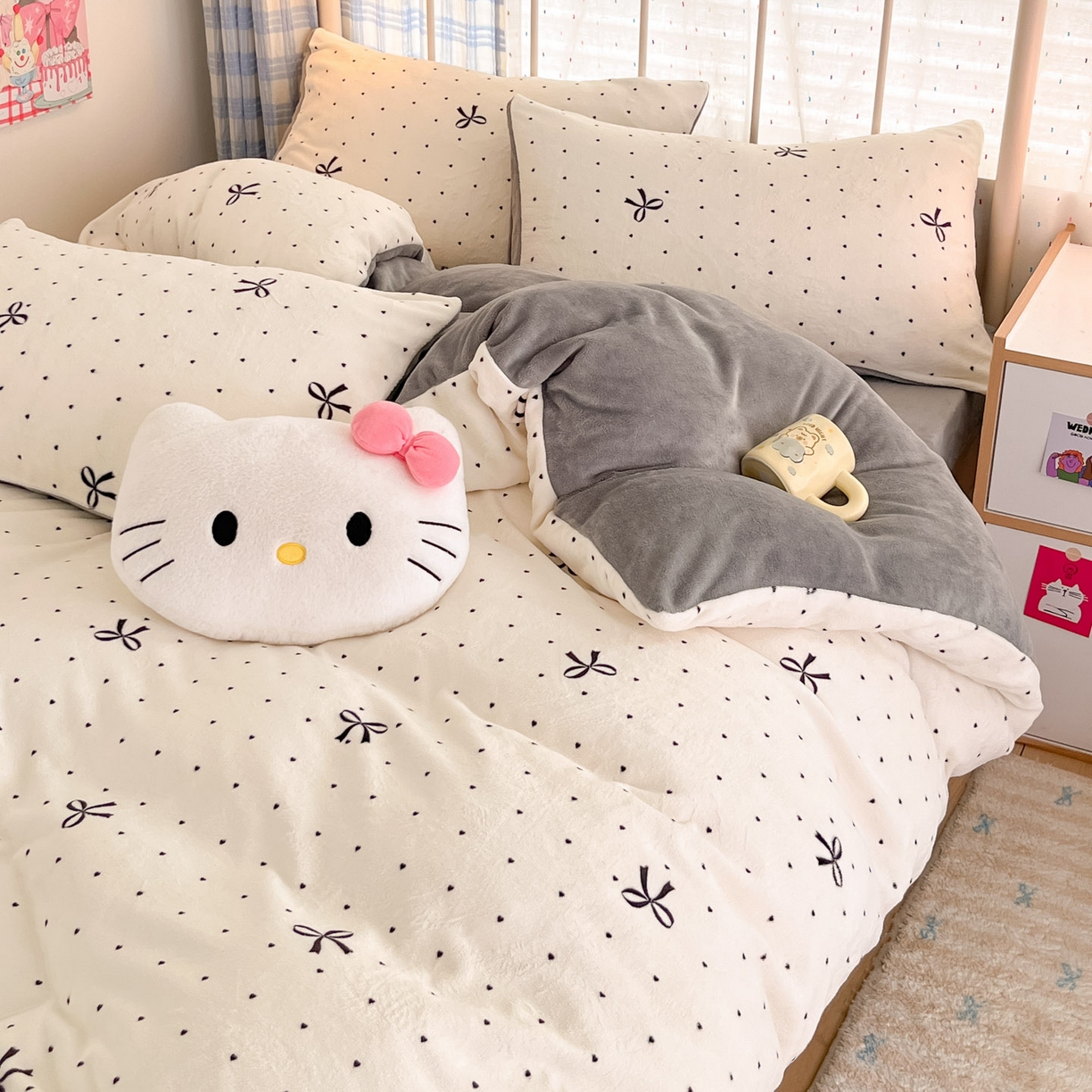 91家纺网 家纺一手货源 找家纺 梦洋家纺 2025新款软fufu加厚保暖可爱系牛奶绒宿舍床套件系列 蝴蝶点点心