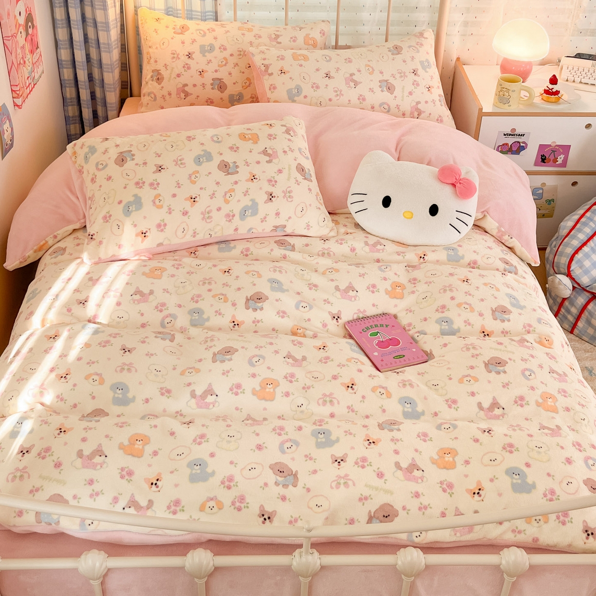 91家纺网 家纺一手货源 找家纺 梦洋家纺 2025新款软fufu加厚保暖可爱系牛奶绒宿舍床套件系列 卖萌修狗