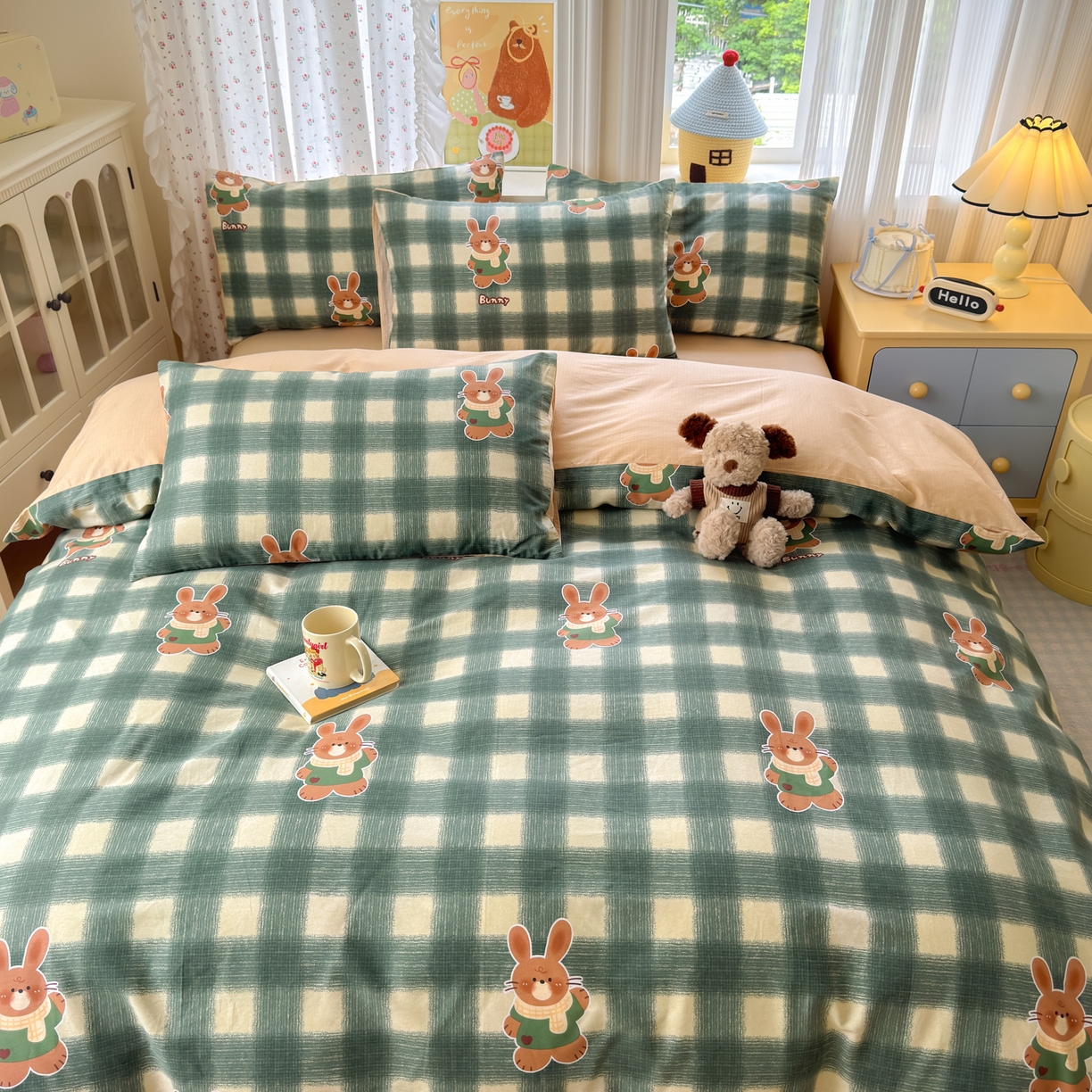 91家纺网 家纺一手货源 找家纺 清雅福 2026春夏新品全棉13070萌趣系列四件套 俏皮兔-绿格