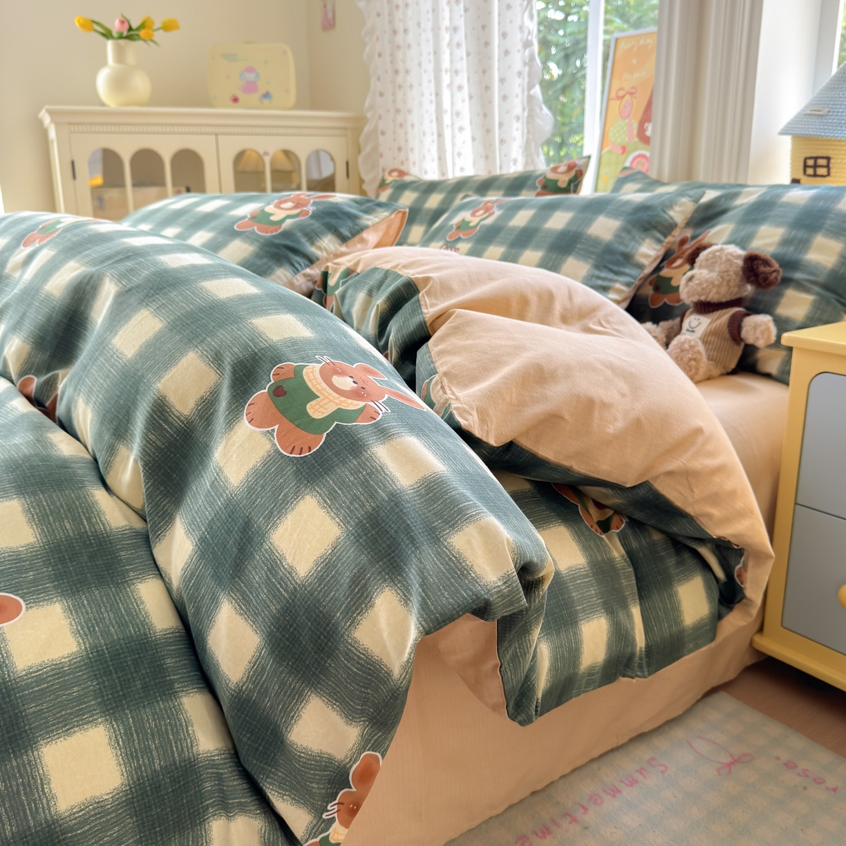 91家纺网 家纺一手货源 找家纺 清雅福 2026春夏新品全棉13070萌趣系列四件套 俏皮兔-绿格