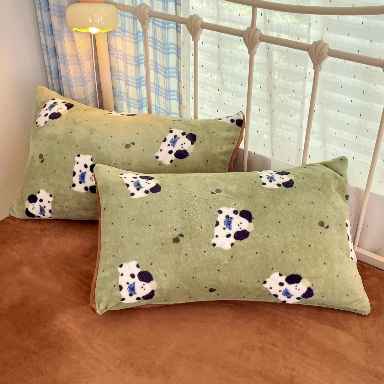 91家纺网 家纺一手货源 找家纺 梦洋家纺 2025新款软fufu加厚保暖可爱系牛奶绒宿舍床套件系列 抹茶绿狗