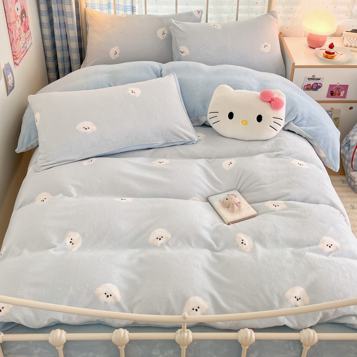 91家纺网 家纺一手货源 找家纺 梦洋家纺 2025新款软fufu加厚保暖可爱系牛奶绒宿舍床套件系列 绒绒小狗-蓝