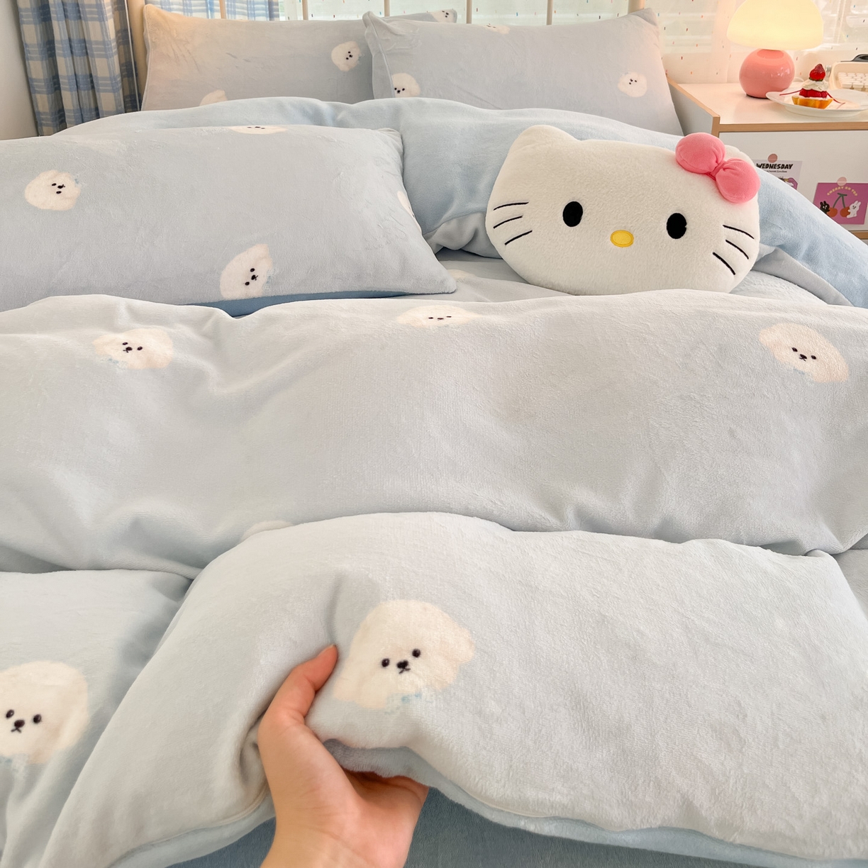 91家纺网 家纺一手货源 找家纺 梦洋家纺 2025新款软fufu加厚保暖可爱系牛奶绒宿舍床套件系列 绒绒小狗-蓝