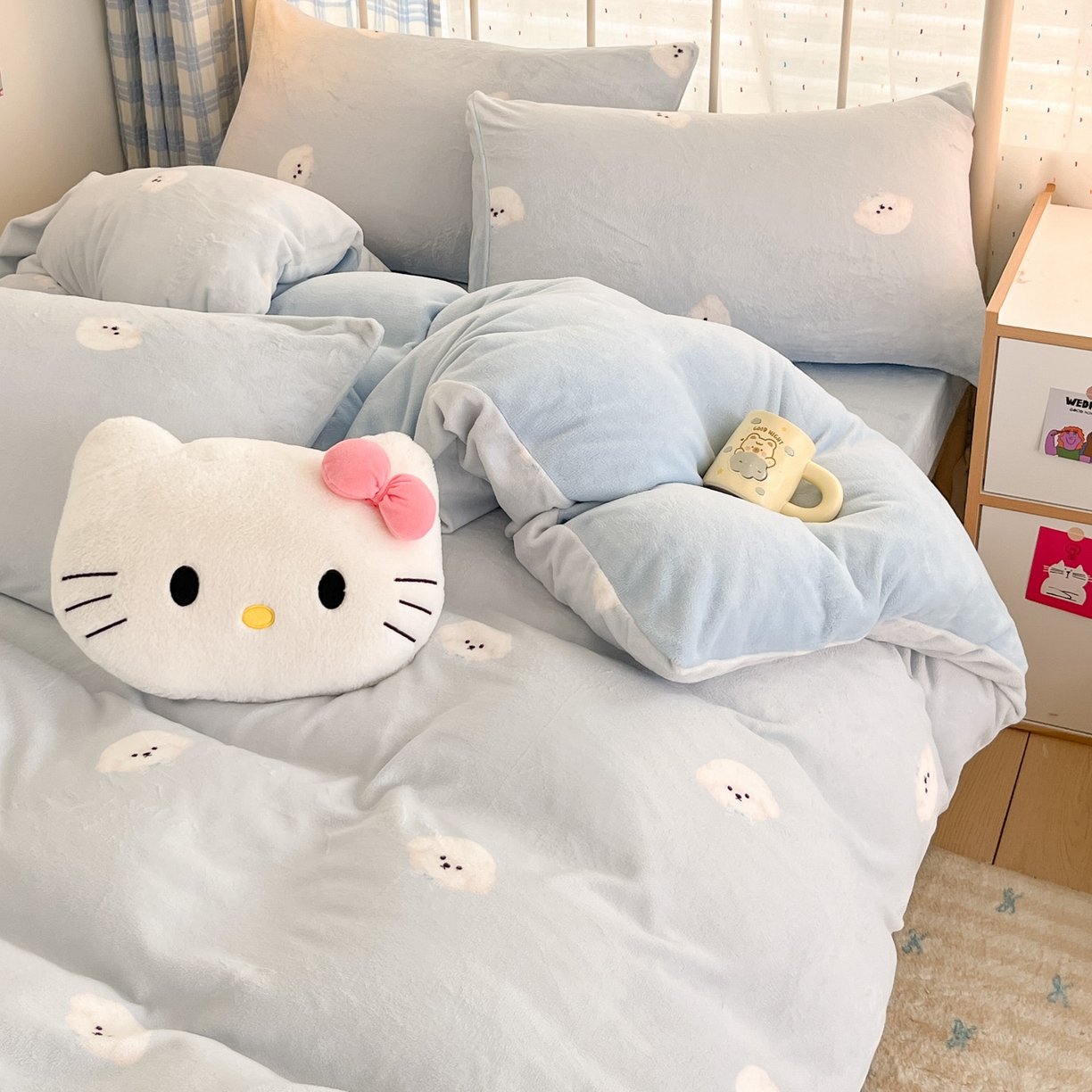 91家纺网 家纺一手货源 找家纺 梦洋家纺 2025新款软fufu加厚保暖可爱系牛奶绒宿舍床套件系列 绒绒小狗-蓝