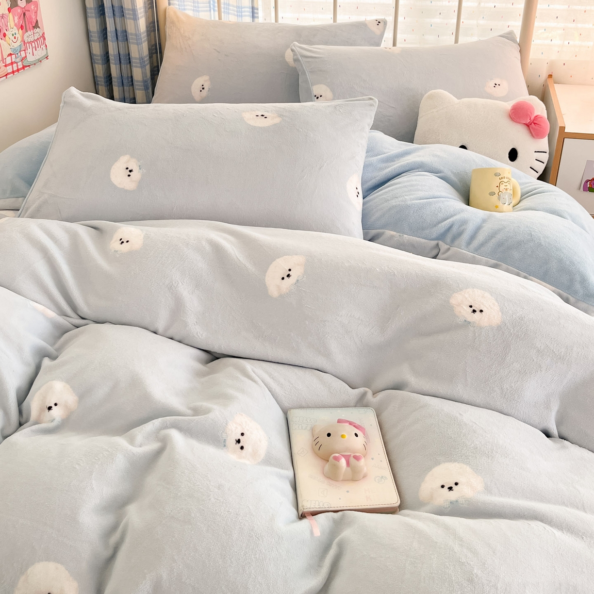 91家纺网 家纺一手货源 找家纺 梦洋家纺 2025新款软fufu加厚保暖可爱系牛奶绒宿舍床套件系列 绒绒小狗-蓝