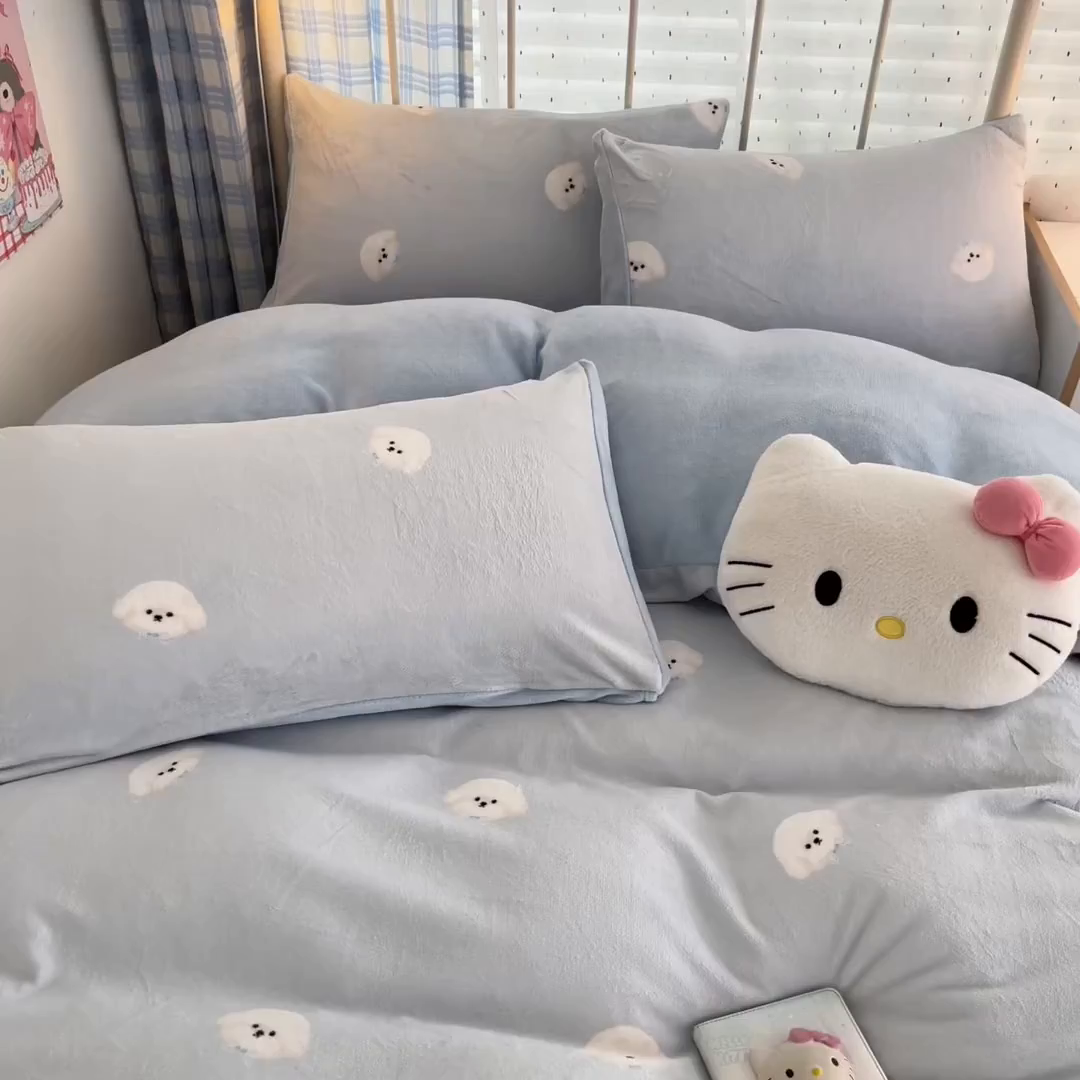 91家纺网 家纺一手货源 找家纺 梦洋家纺 2025新款软fufu加厚保暖可爱系牛奶绒宿舍床套件系列 绒绒小狗-蓝