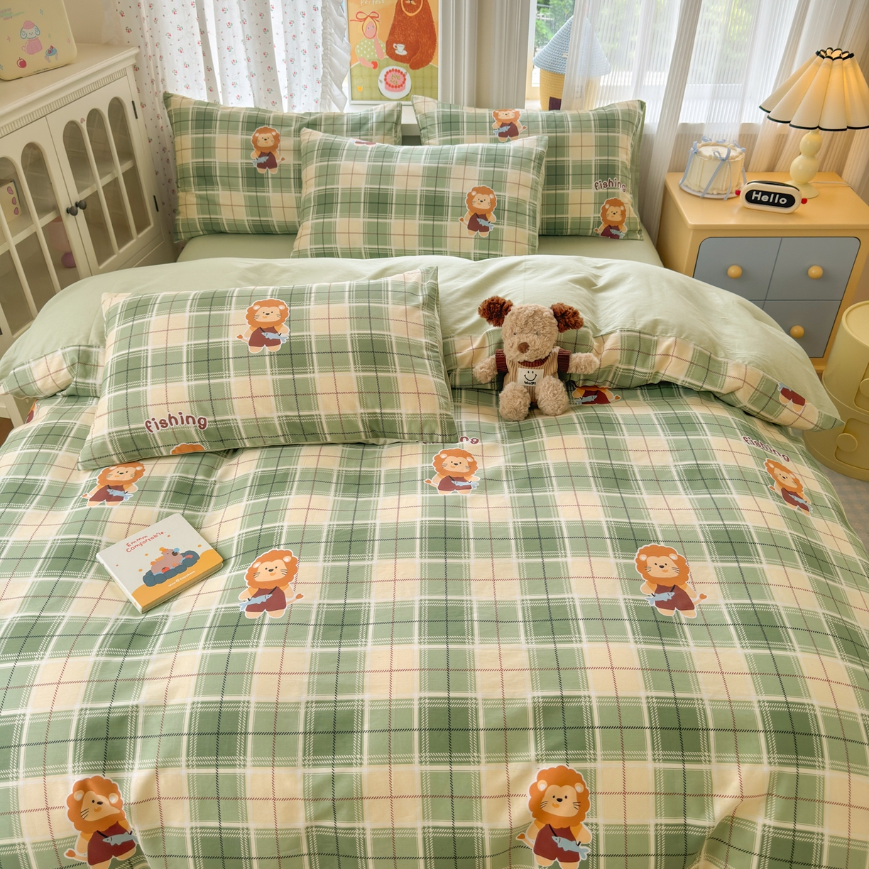 91家纺网 家纺一手货源 找家纺 清雅福 2026春夏新品全棉13070萌趣系列四件套 森林日记-绿格