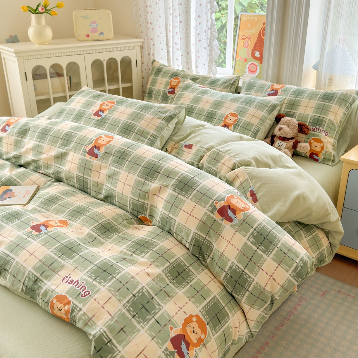 91家纺网 家纺一手货源 找家纺 清雅福 2026春夏新品全棉13070萌趣系列四件套 森林日记-绿格