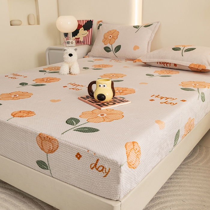 91家纺网 家纺一手货源 找家纺 倾慕家纺 2026新款立体菠萝格印花保暖床笠 黄小花