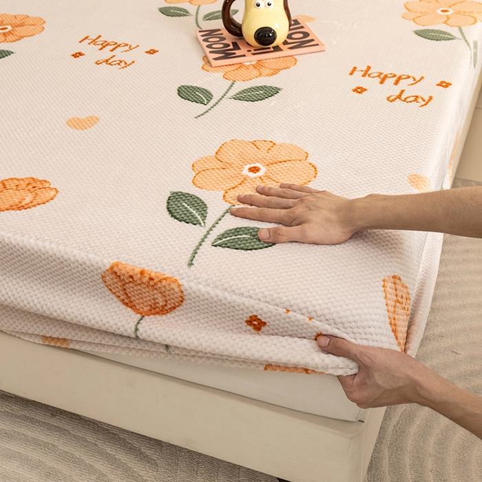 91家纺网 家纺一手货源 找家纺 倾慕家纺 2026新款立体菠萝格印花保暖床笠 黄小花