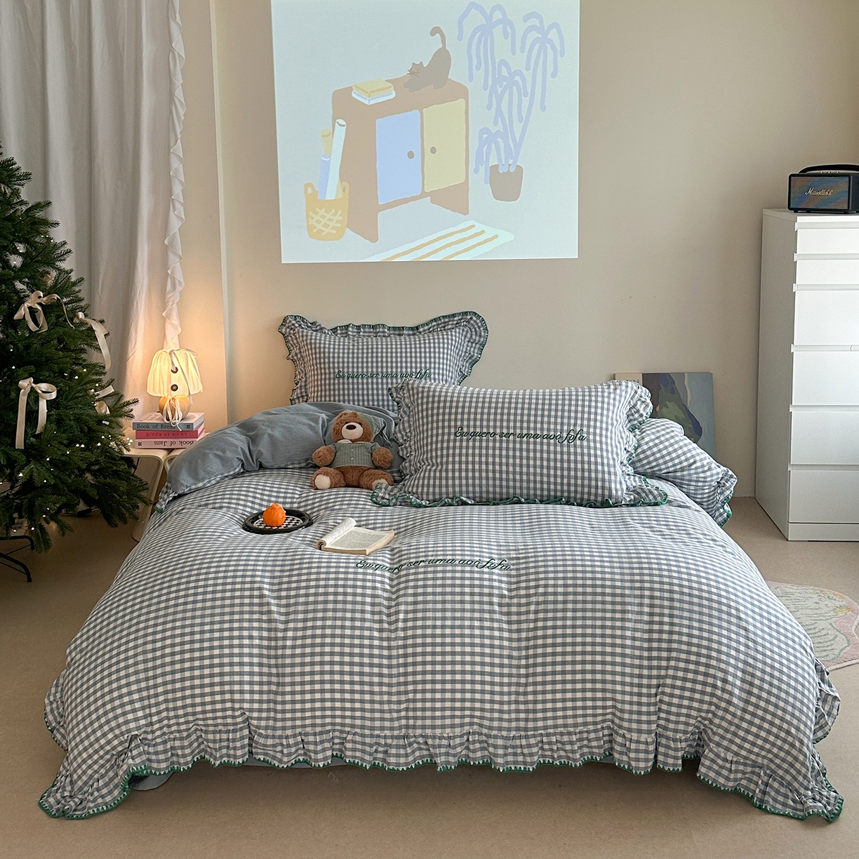 91家纺网 家纺一手货源 找家纺 琳可家居 2025新款全棉色织水洗棉刺绣款四件套-甜心系列 甜心-蓝