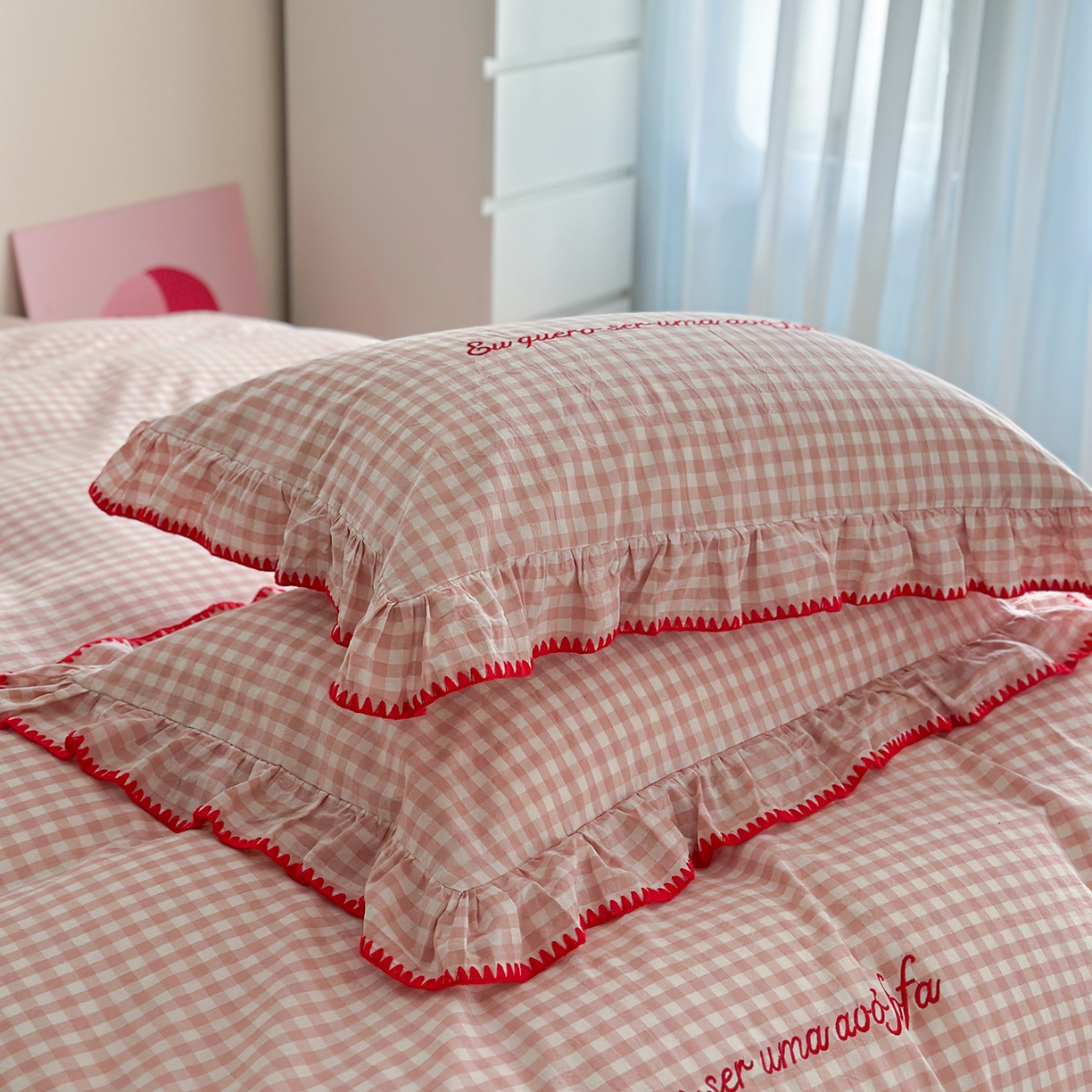 91家纺网 家纺一手货源 找家纺 琳可家居 2025新款全棉色织水洗棉刺绣款四件套-甜心系列 甜心-粉