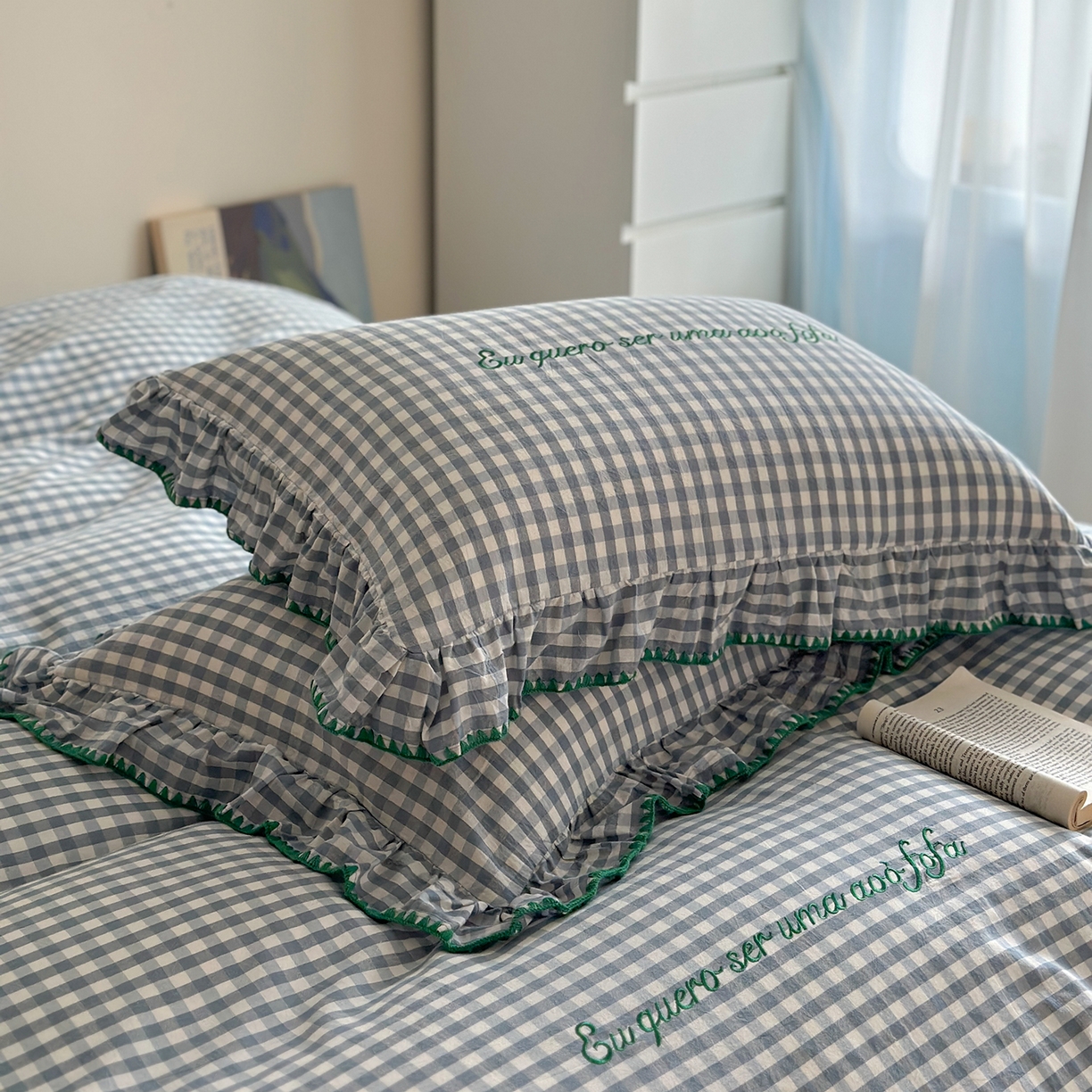 91家纺网 家纺一手货源 找家纺 琳可家居 2025新款全棉色织水洗棉刺绣款四件套-甜心系列 甜心-蓝