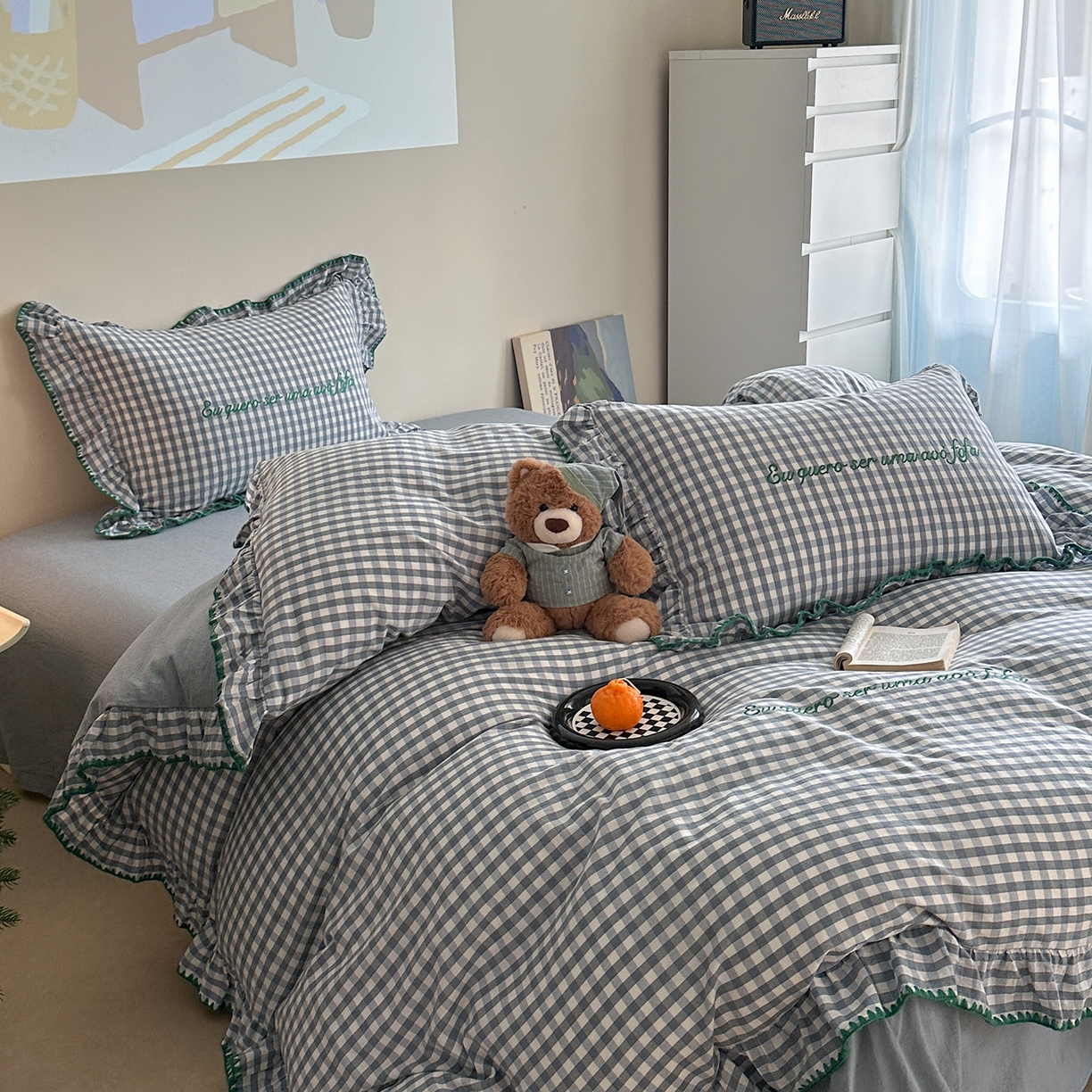 91家纺网 家纺一手货源 找家纺 琳可家居 2025新款全棉色织水洗棉刺绣款四件套-甜心系列 甜心-蓝