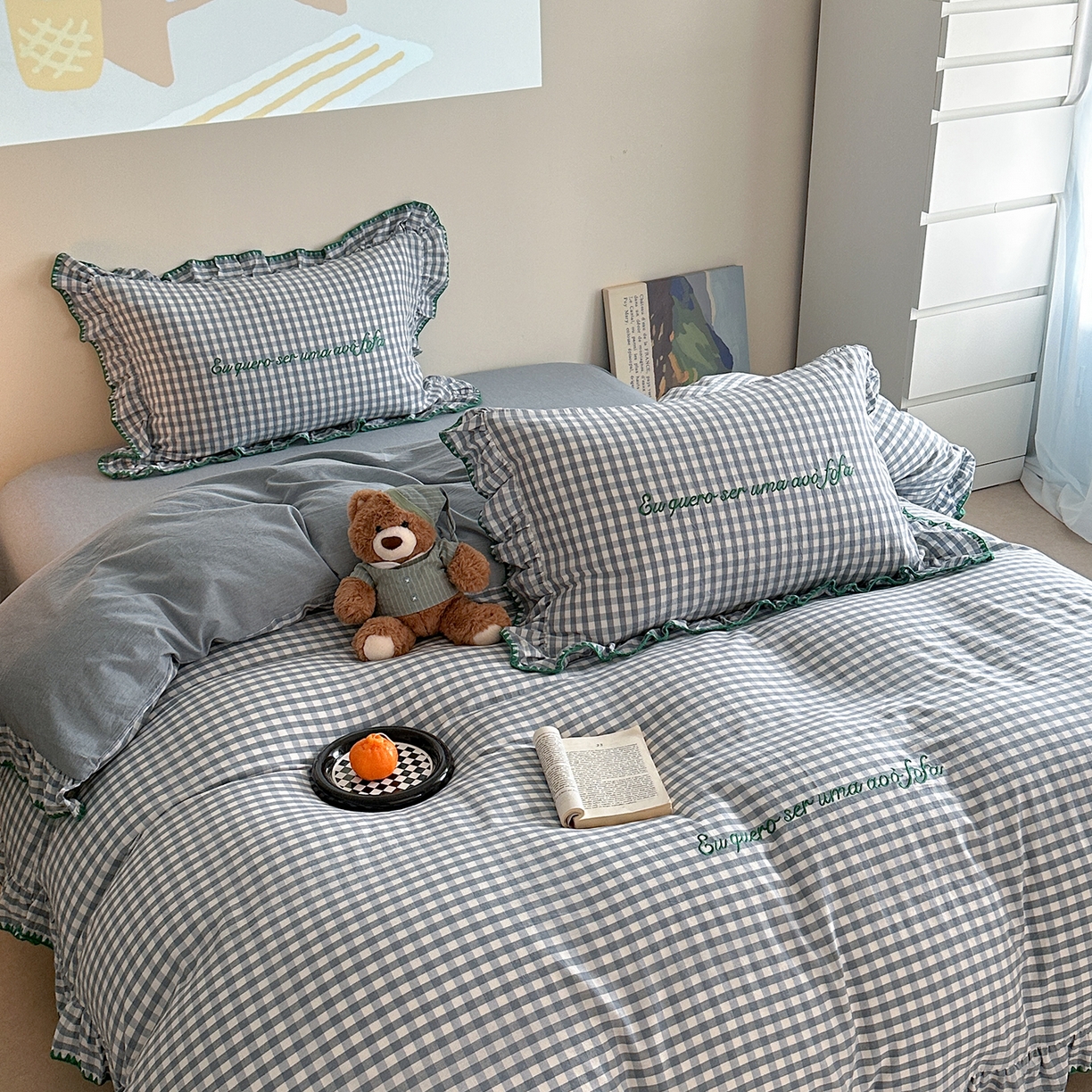 91家纺网 家纺一手货源 找家纺 琳可家居 2025新款全棉色织水洗棉刺绣款四件套-甜心系列 甜心-蓝