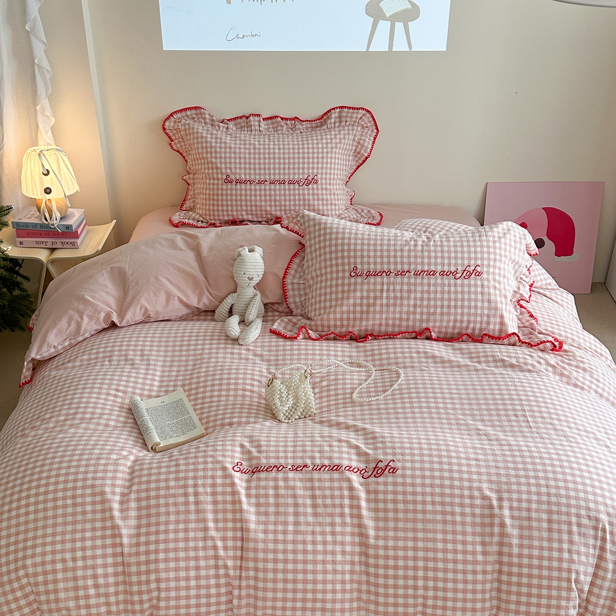 91家纺网 家纺一手货源 找家纺 琳可家居 2025新款全棉色织水洗棉刺绣款四件套-甜心系列 甜心-粉