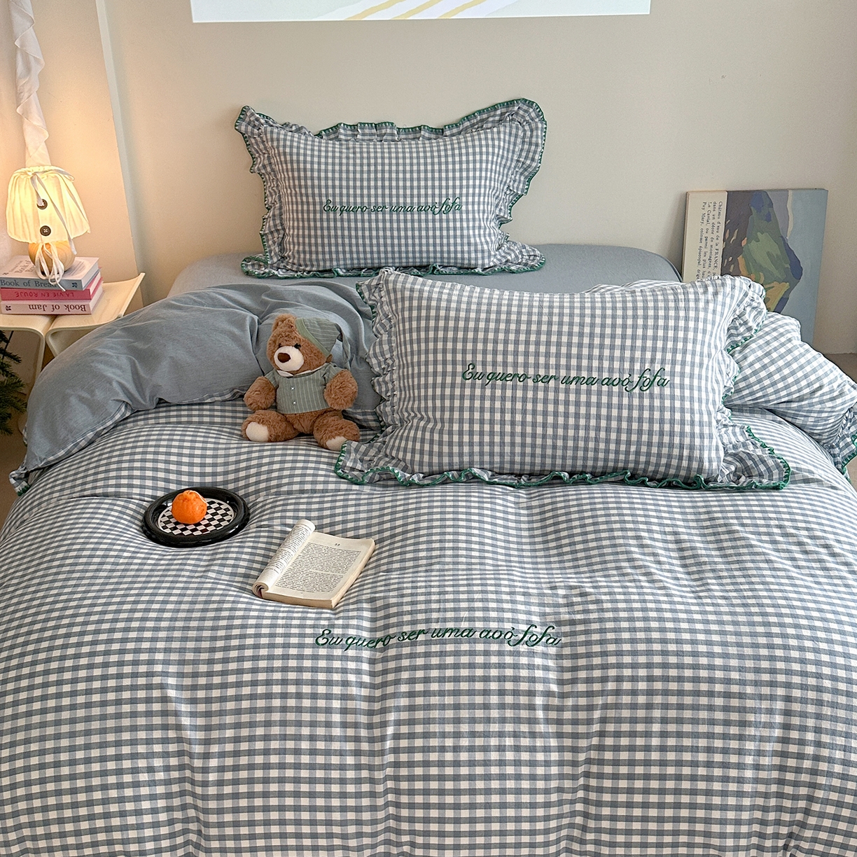 91家纺网 家纺一手货源 找家纺 琳可家居 2025新款全棉色织水洗棉刺绣款四件套-甜心系列 甜心-蓝