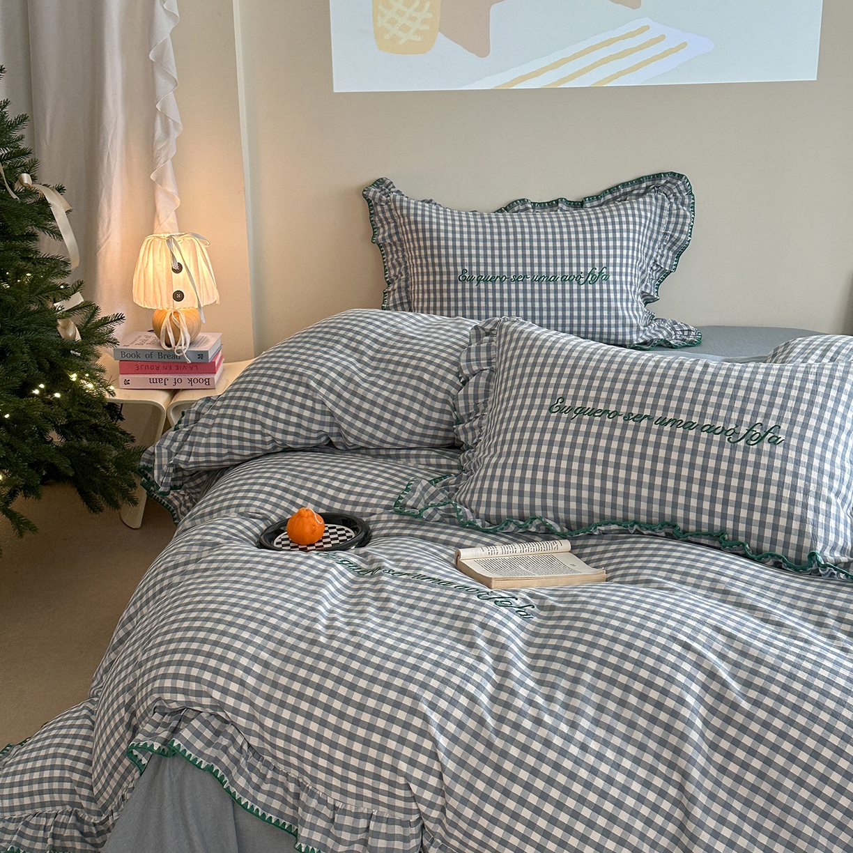 91家纺网 家纺一手货源 找家纺 琳可家居 2025新款全棉色织水洗棉刺绣款四件套-甜心系列 甜心-蓝