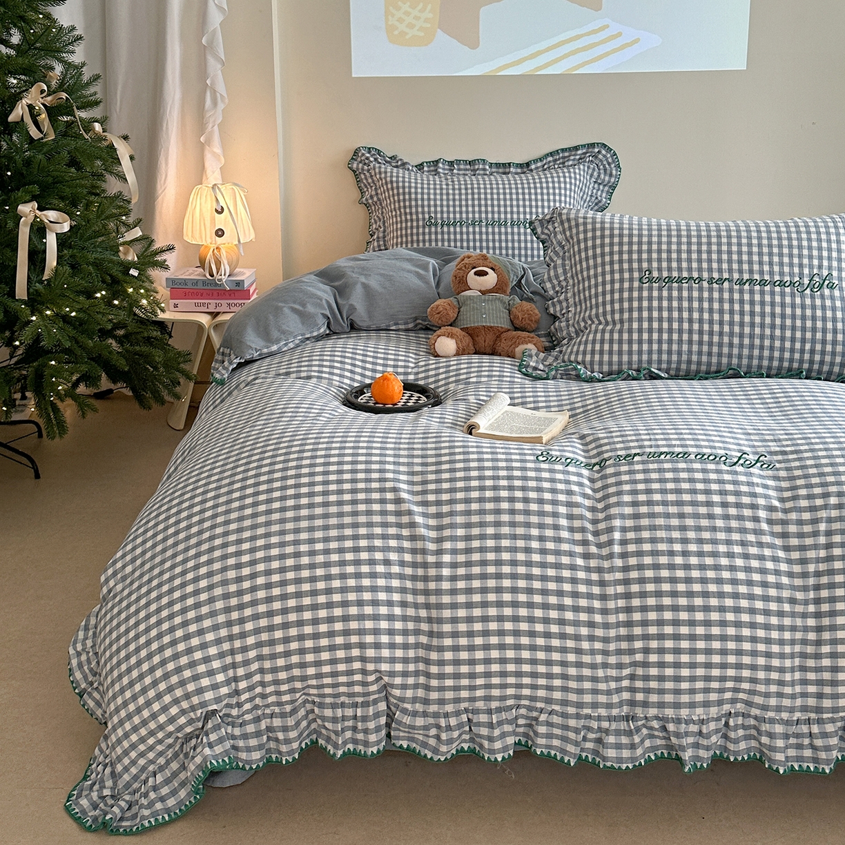 91家纺网 家纺一手货源 找家纺 琳可家居 2025新款全棉色织水洗棉刺绣款四件套-甜心系列 甜心-蓝