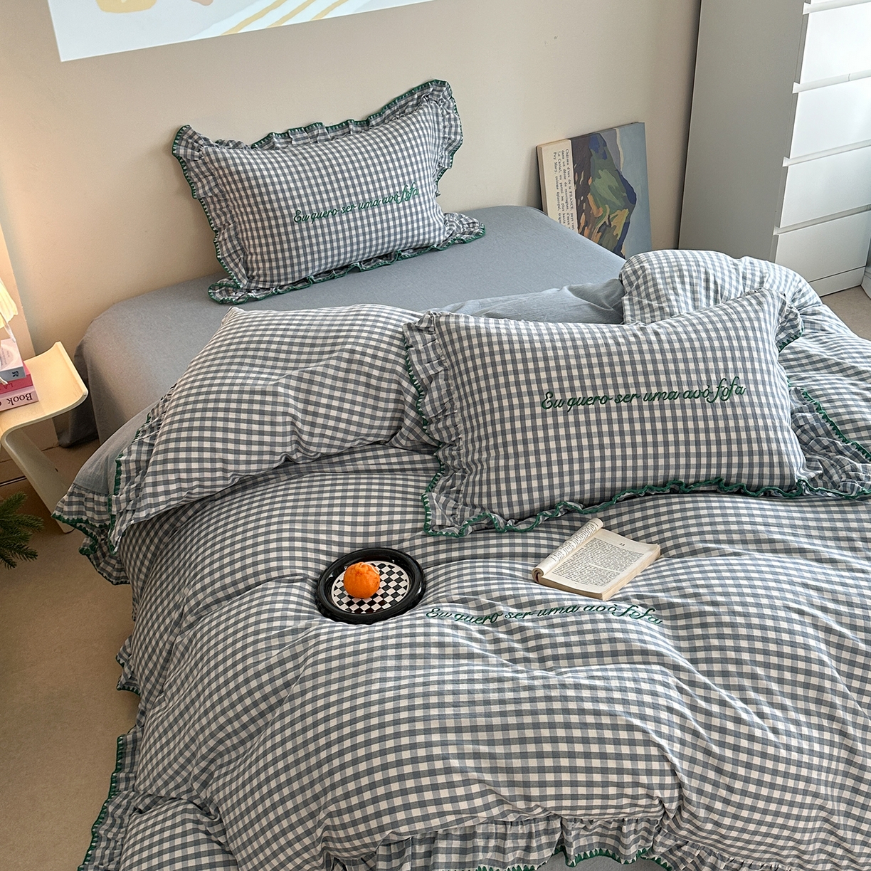 91家纺网 家纺一手货源 找家纺 琳可家居 2025新款全棉色织水洗棉刺绣款四件套-甜心系列 甜心-蓝