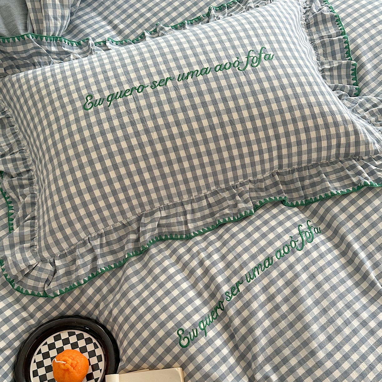 91家纺网 家纺一手货源 找家纺 琳可家居 2025新款全棉色织水洗棉刺绣款四件套-甜心系列 甜心-蓝