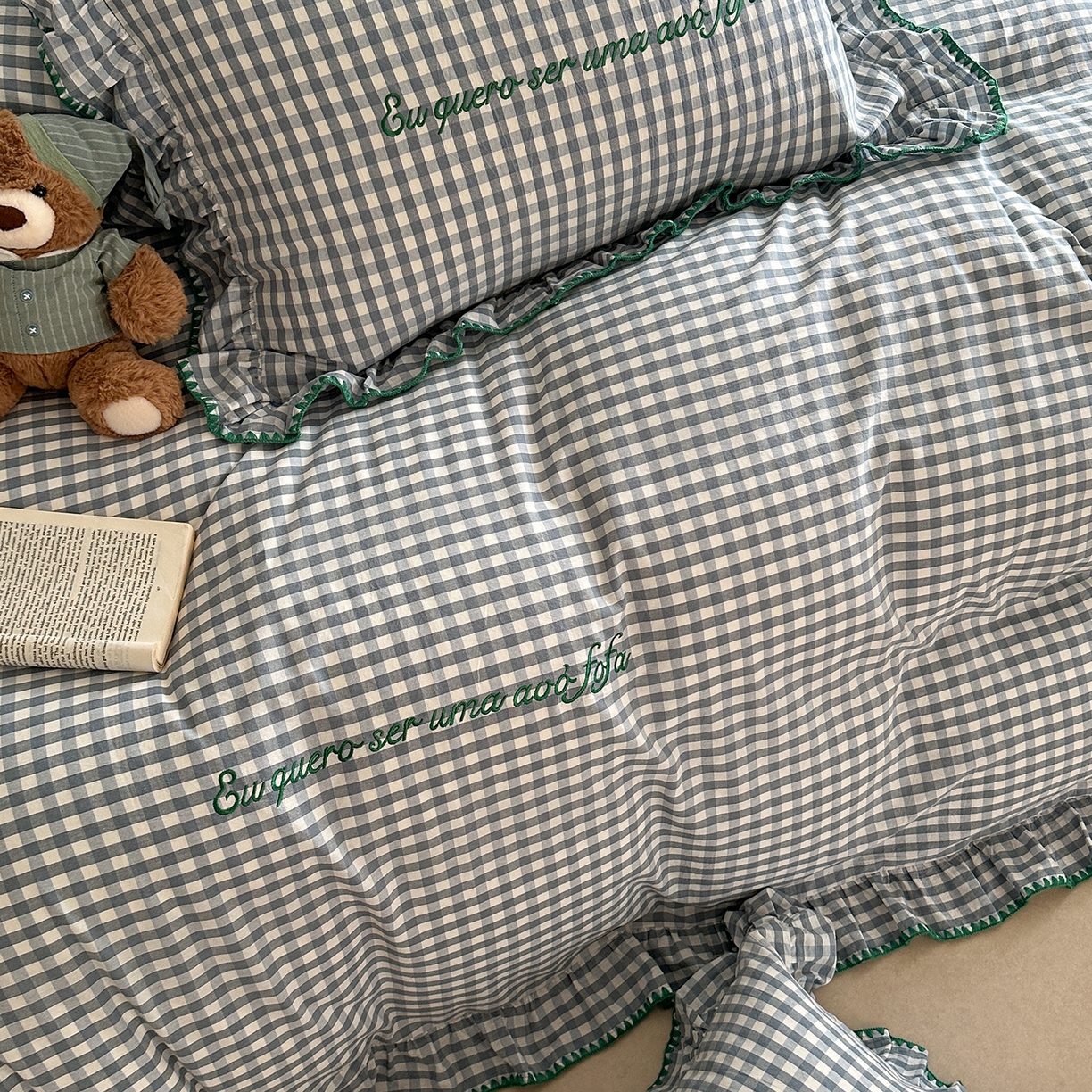 91家纺网 家纺一手货源 找家纺 琳可家居 2025新款全棉色织水洗棉刺绣款四件套-甜心系列 甜心-蓝