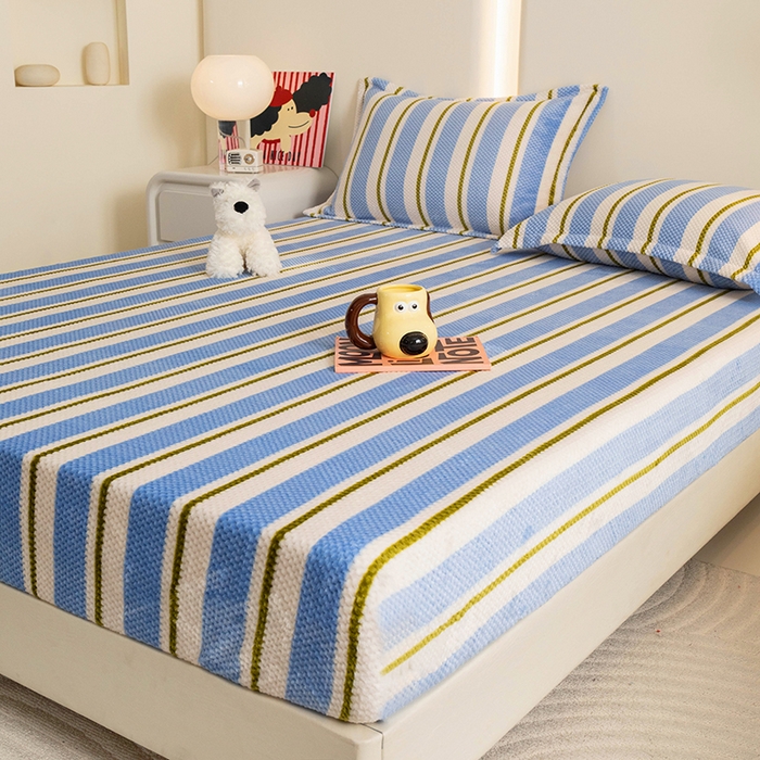 91家纺网 家纺一手货源 找家纺 倾慕家纺 2026新款立体菠萝格印花保暖床笠 挪威蓝